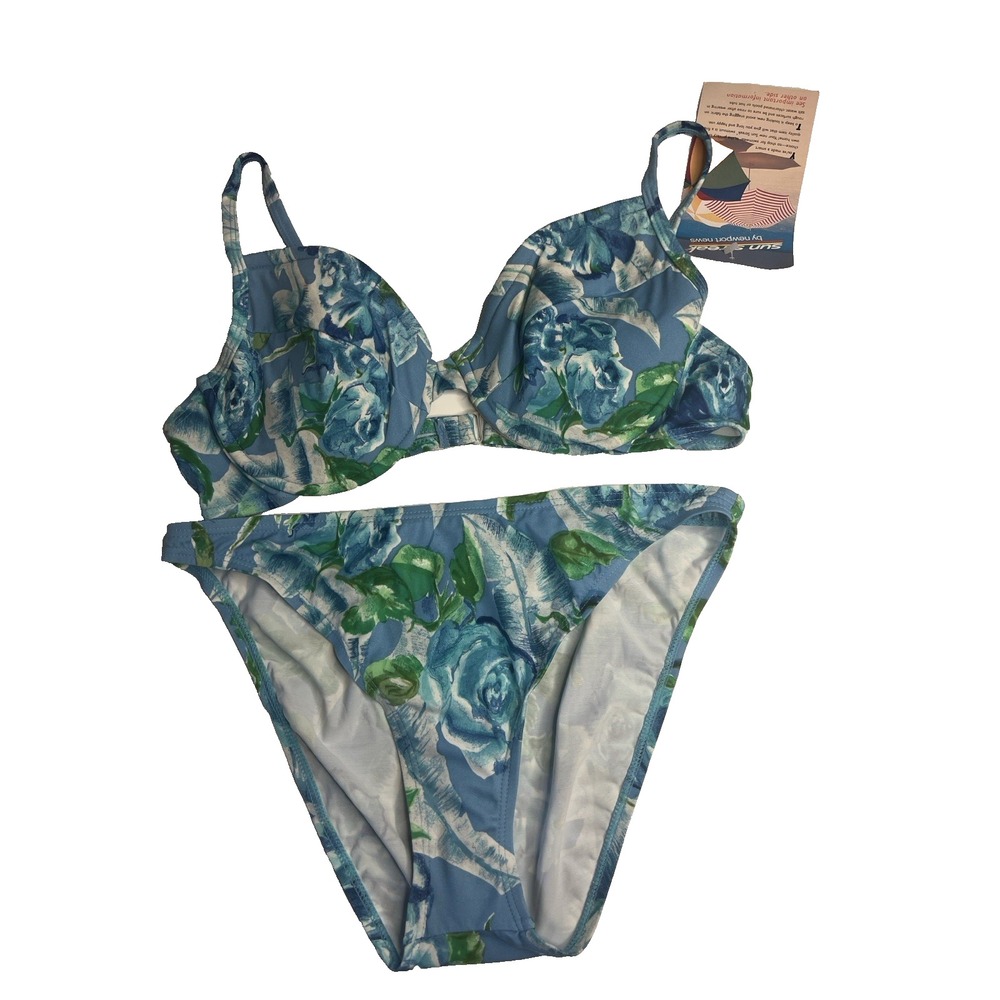 Vtg 90s NWT Sun Streak Newport News Blue Floral Bikini Swimsuit Women 16